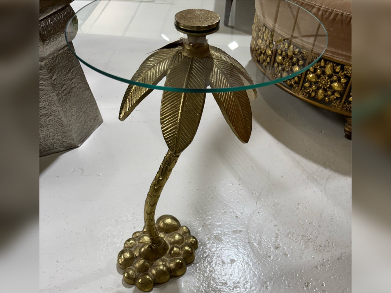 Gold Palm Tree Side Table – Glass Top