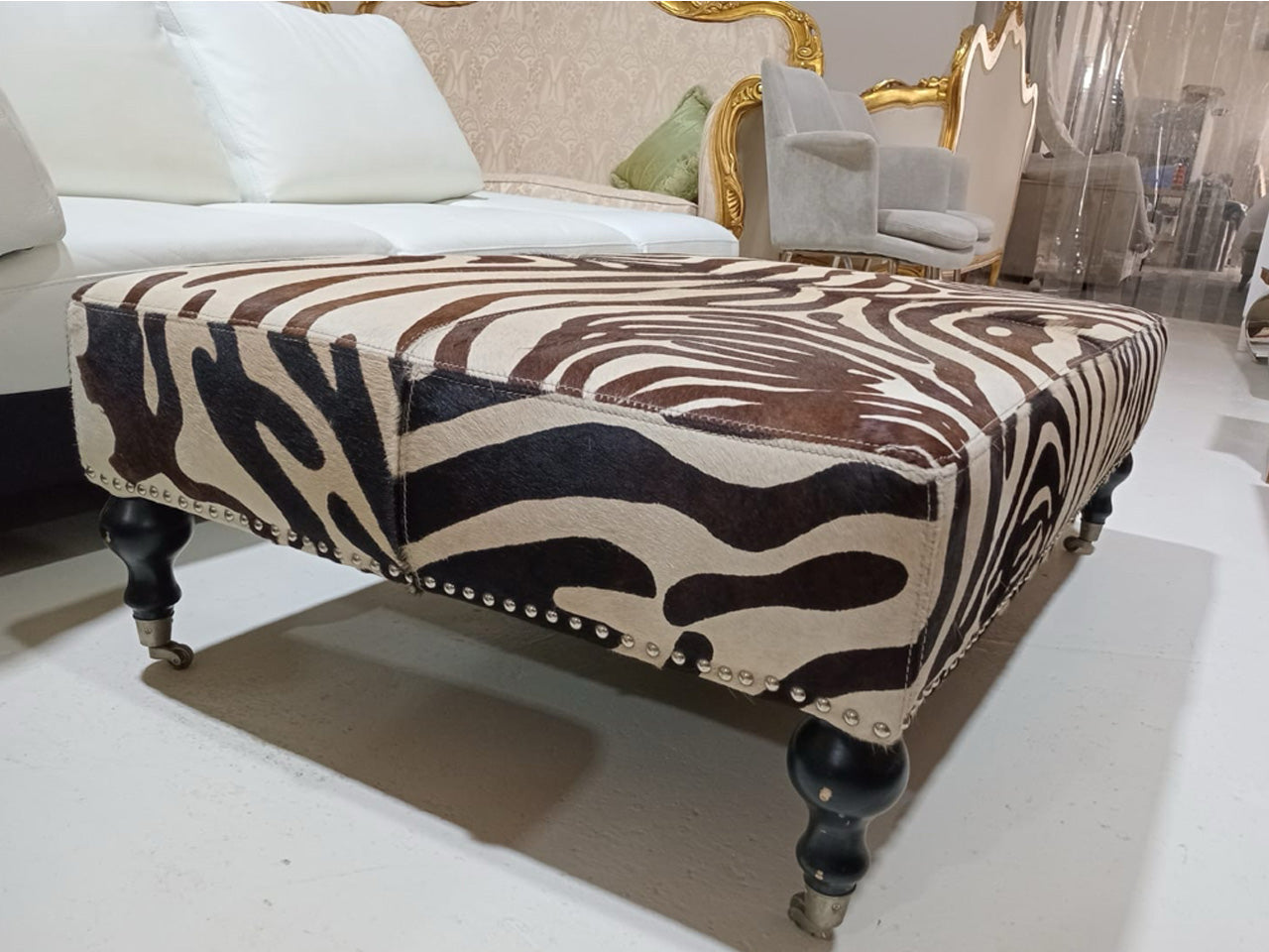 Zebra Print Cowhide Ottoman – Wooden Legs