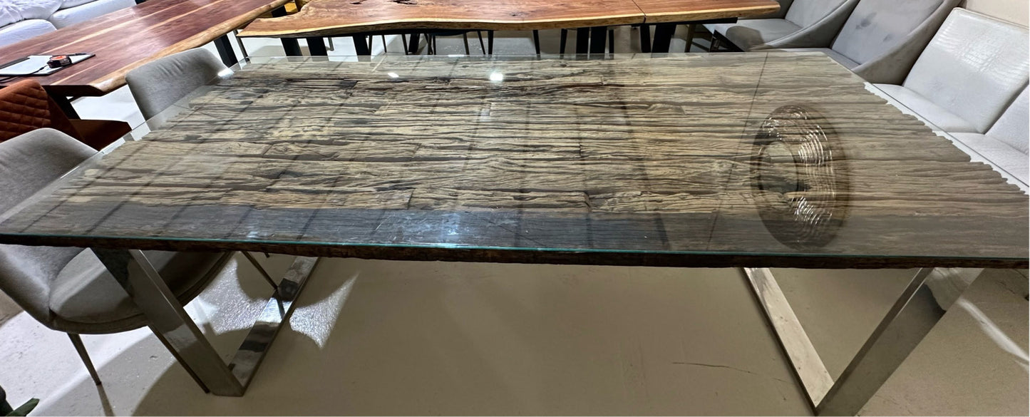 Reclaimed Railway Wood Dining Table with Glass Top