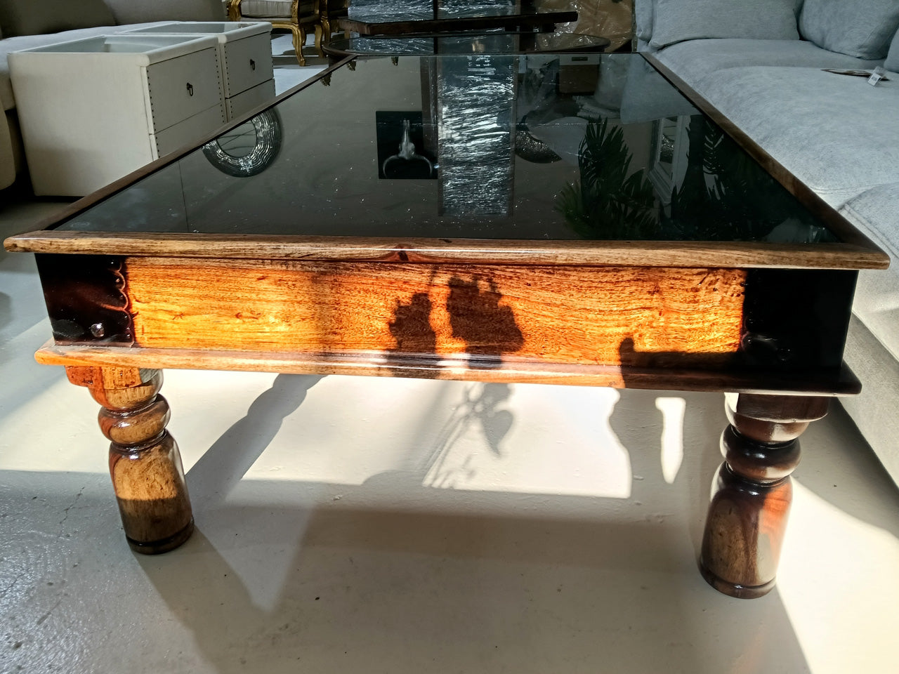 Solid Wood Coffee Table with Brass Accents