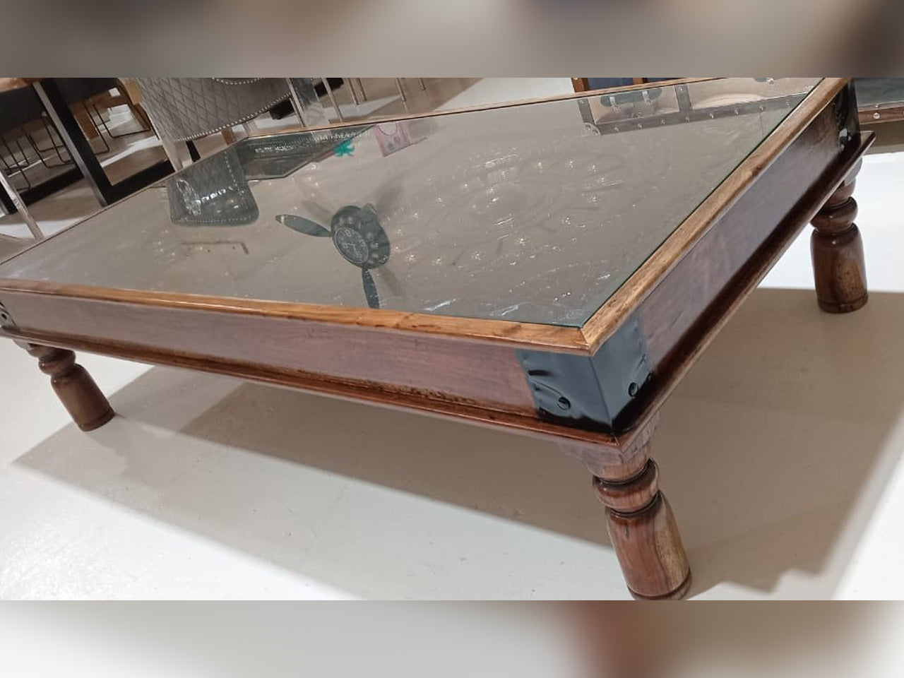 Solid Wood Coffee Table with Brass Accents