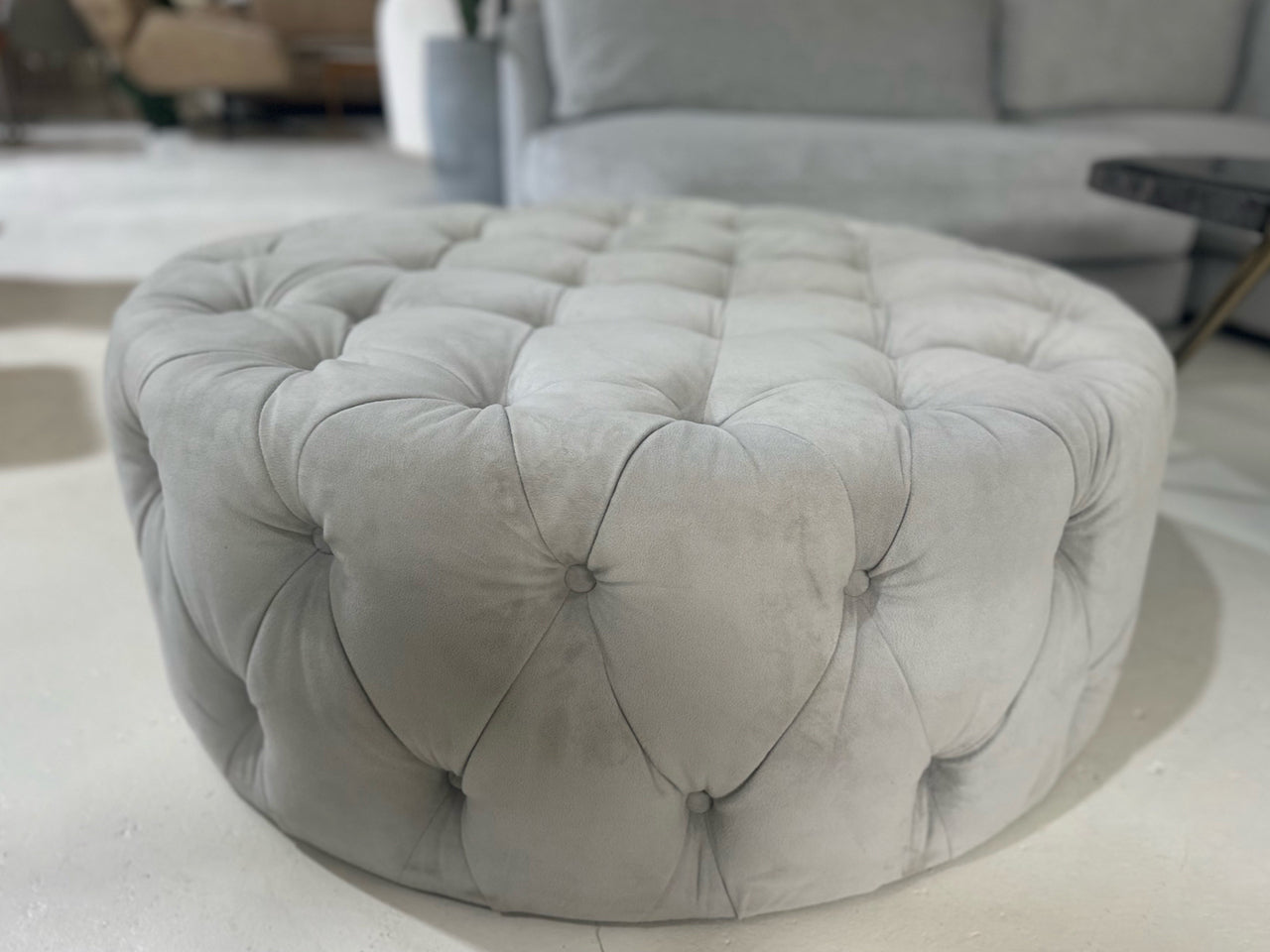 2XL Round Tufted Ottoman – Grey Velvet