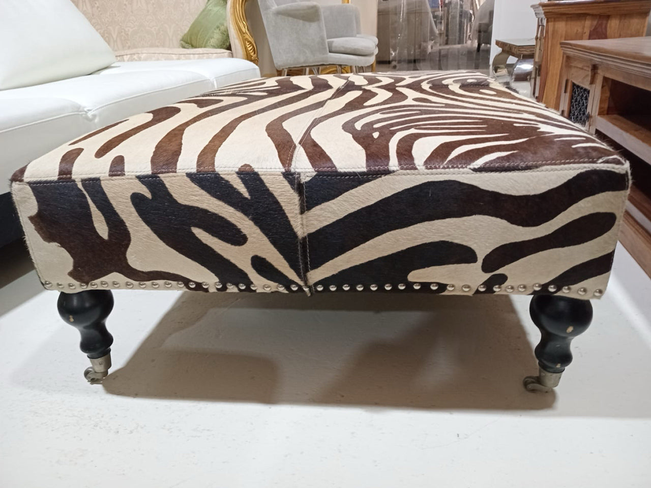 Zebra Print Cowhide Ottoman – Wooden Legs