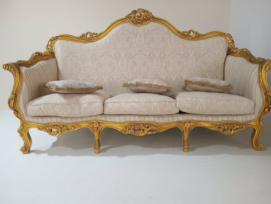 French Provincial 3-Seater Sofa – Gold Carved Frame