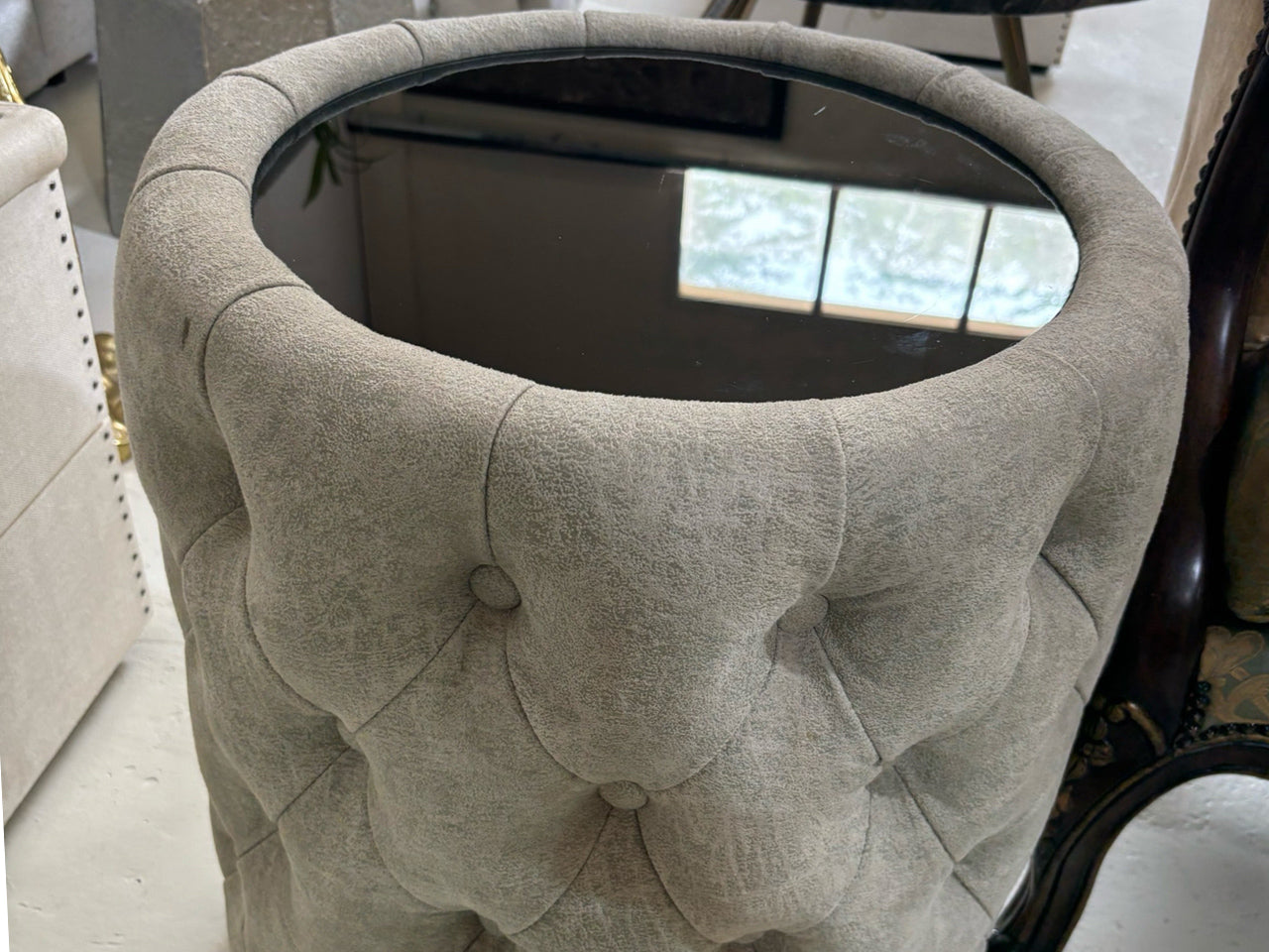 Tufted Grey Velvet Side Table – Mirror Top