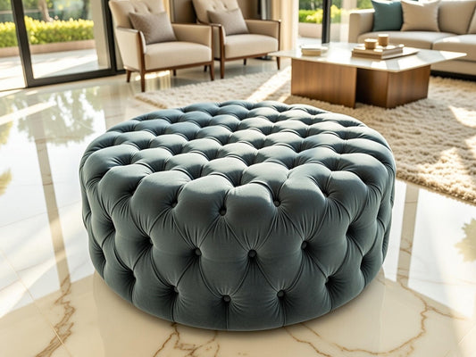 2XL Round Tufted Ottoman – Blue Velvet