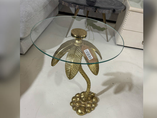 Gold Palm Tree Side Table – Glass Top