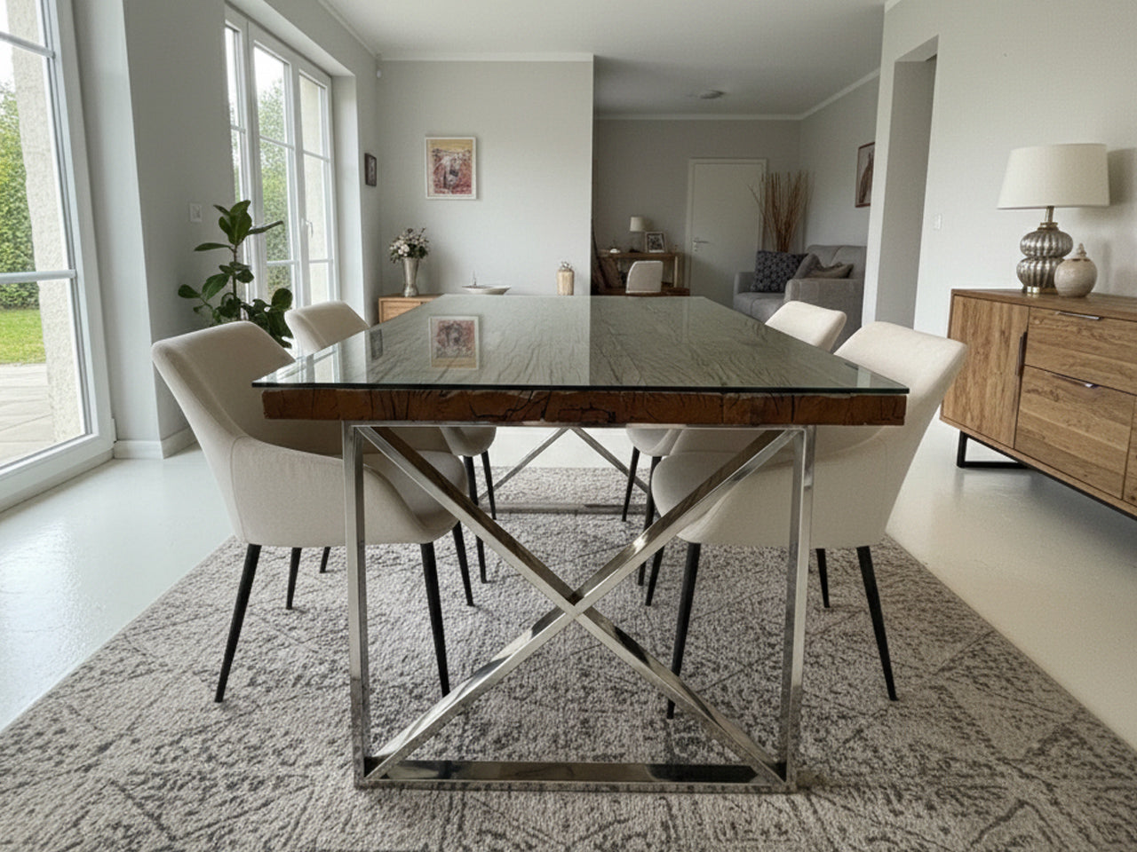 Reclaimed Oak & Glass Dining Table with 4 Chairs – Marina Home