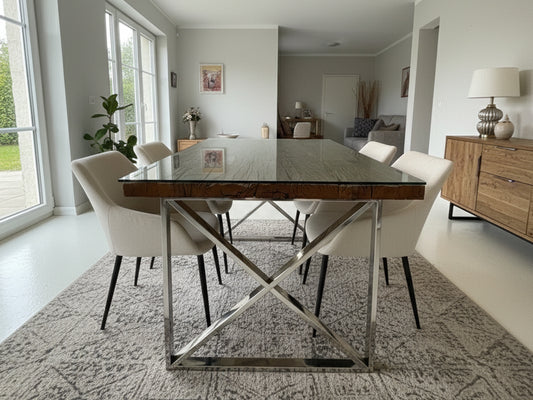 Reclaimed Oak & Glass Dining Table with 4 Chairs – Marina Home