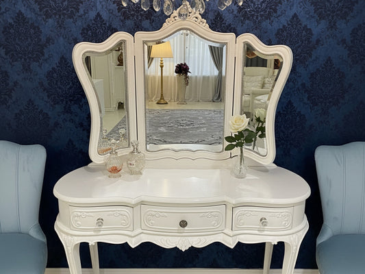 Dressing Table – White with Tri-Fold Mirror