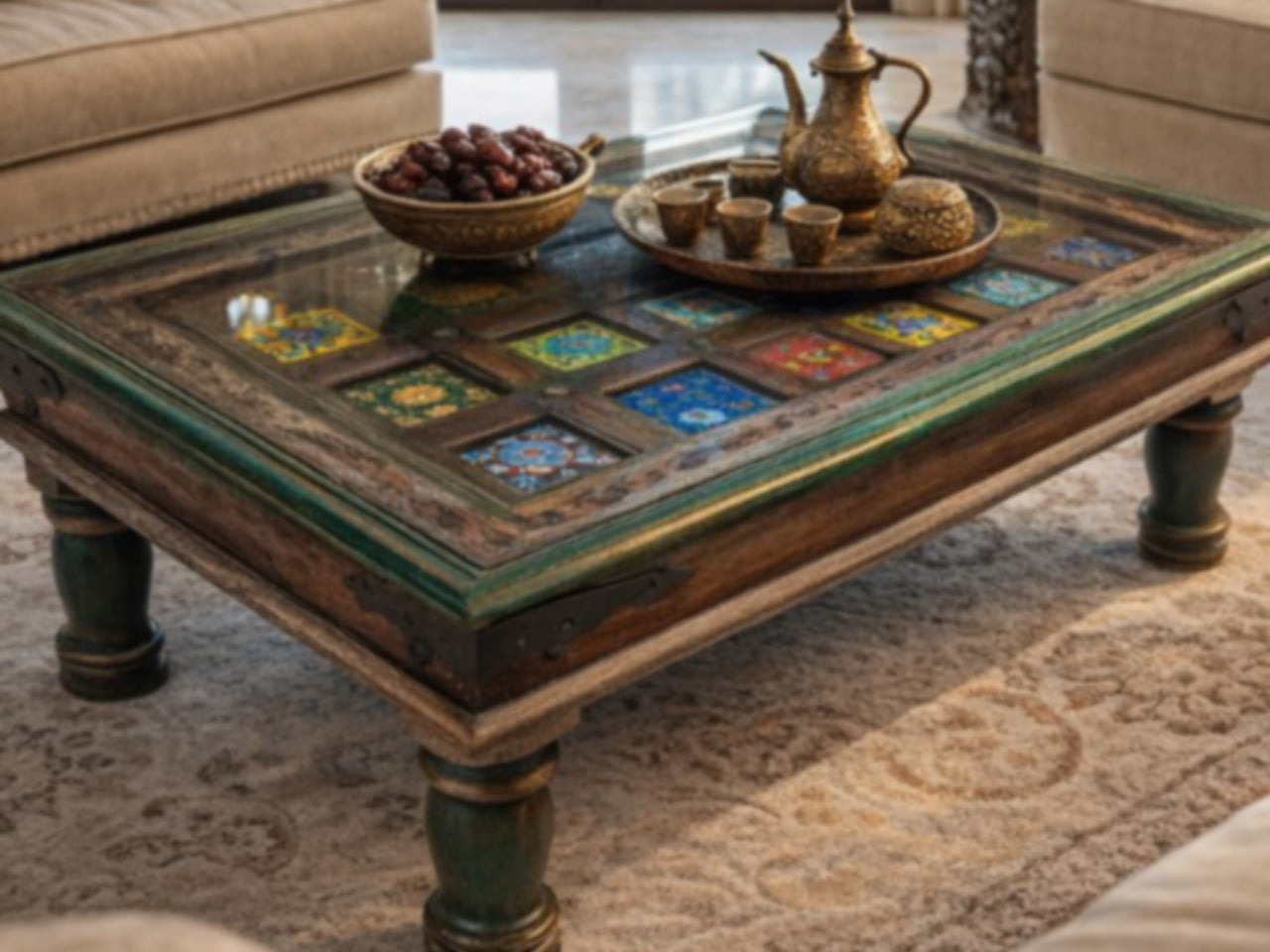 Vintage Wooden Coffee Table – Ceramic Tile Inlay