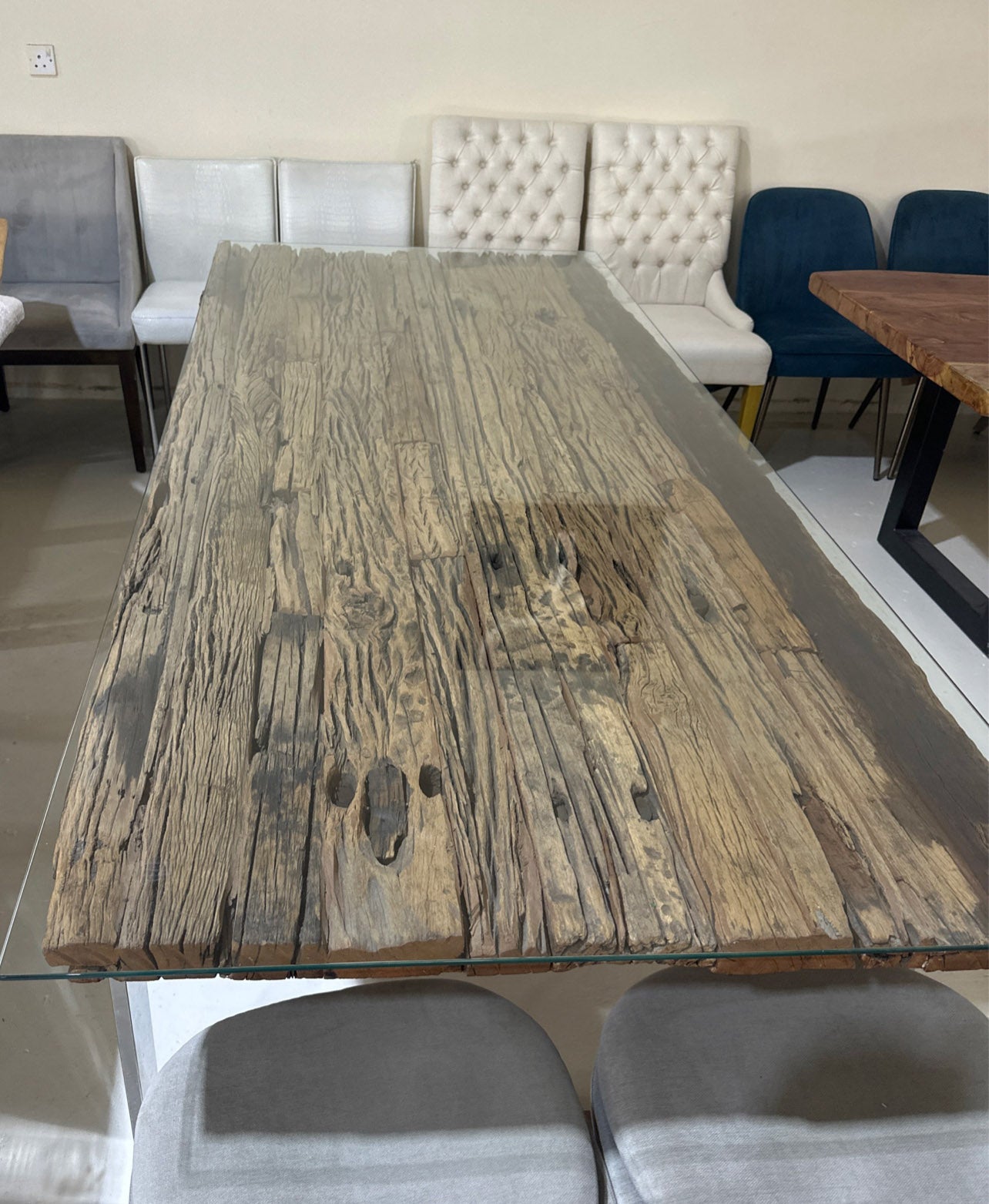 Reclaimed Railway Wood Dining Table with Glass Top