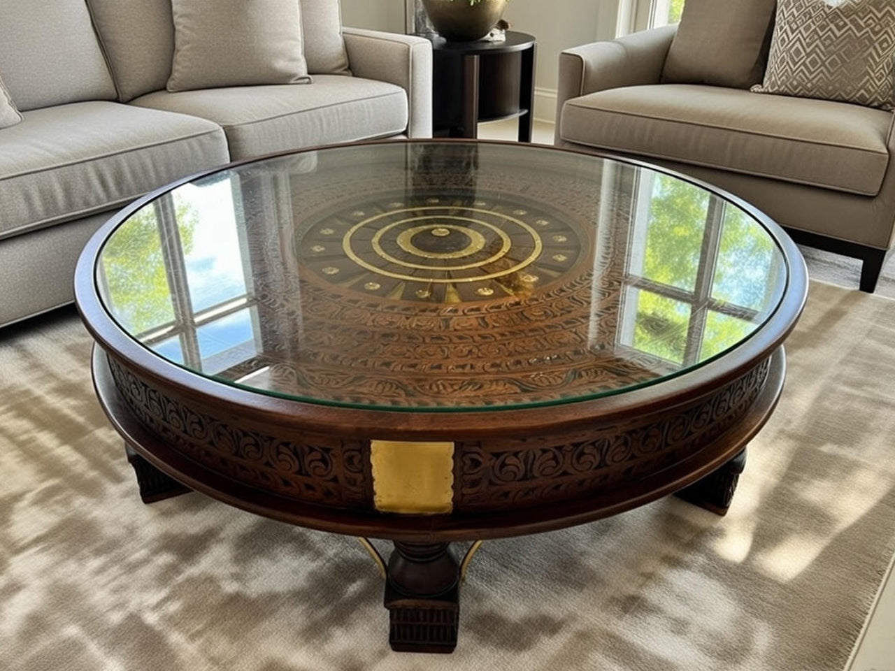 Solid Wood Coffee Table with Ornament