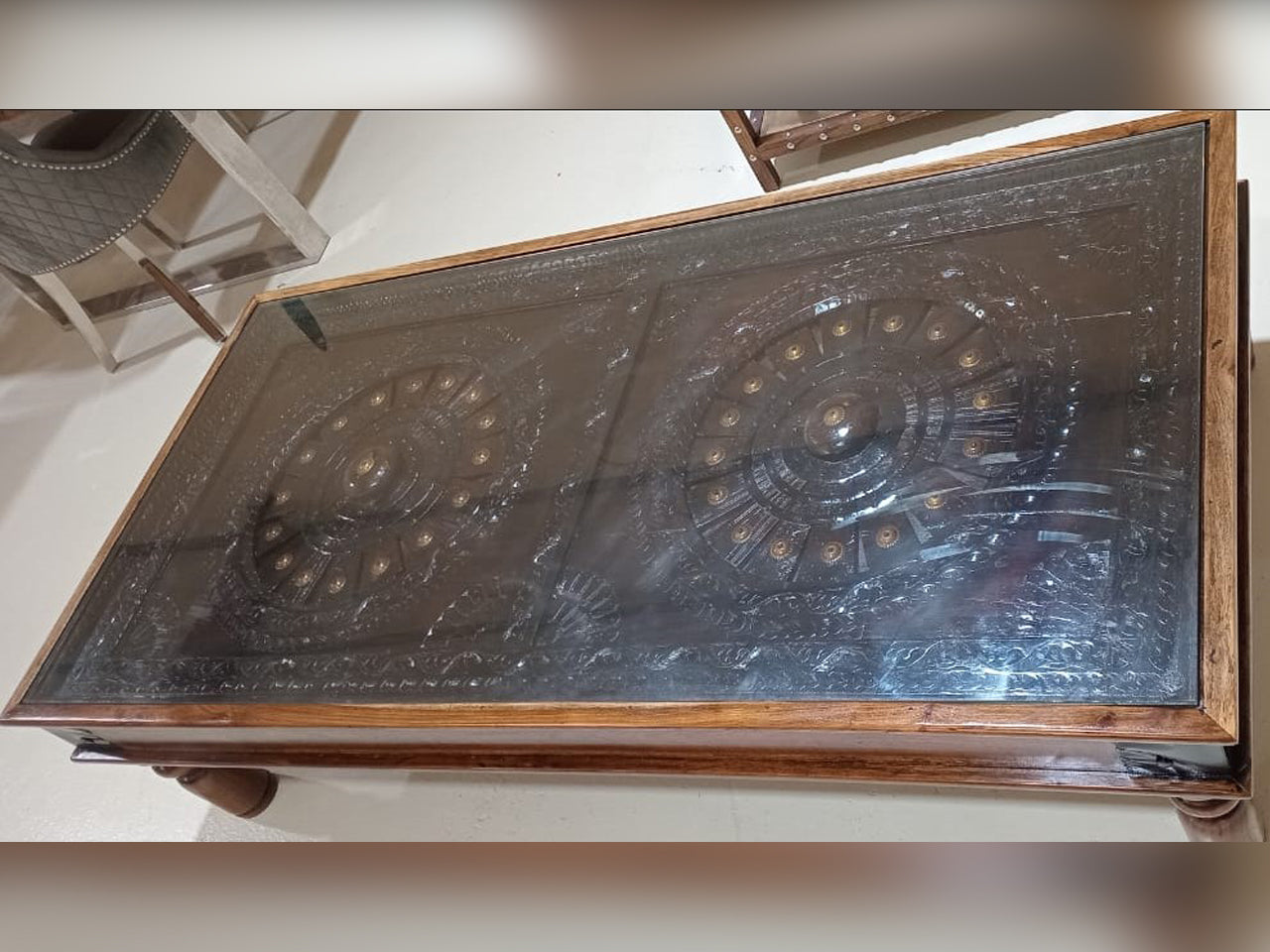 Solid Wood Coffee Table with Brass Accents
