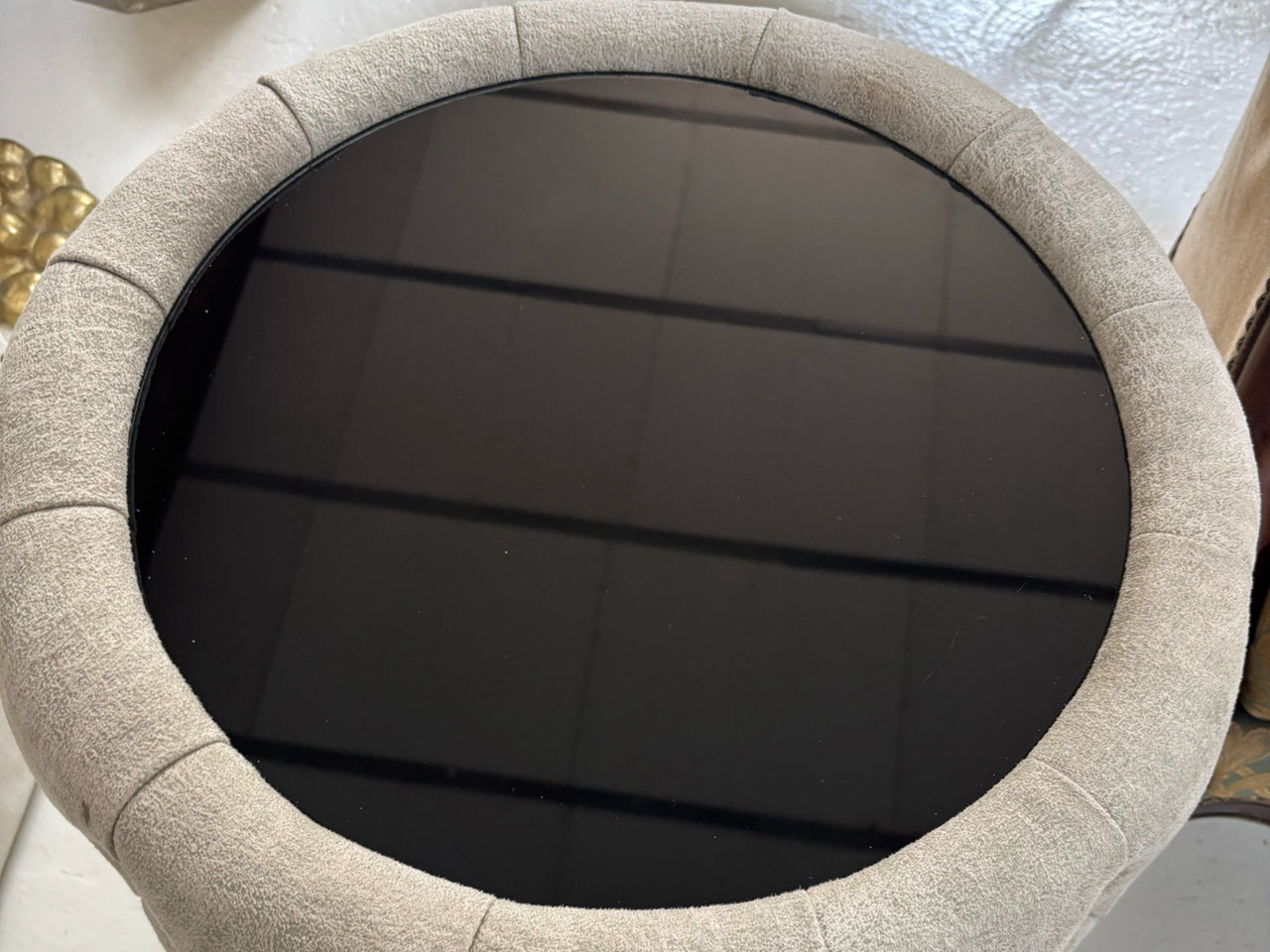 Tufted Grey Velvet Side Table – Mirror Top