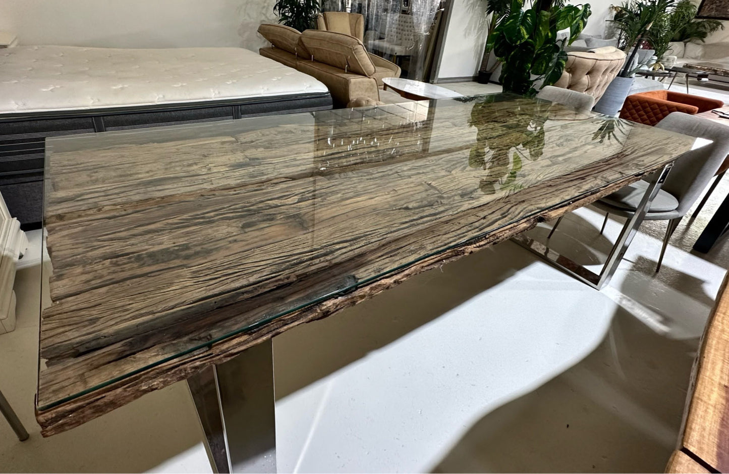 Reclaimed Railway Wood Dining Table with Glass Top