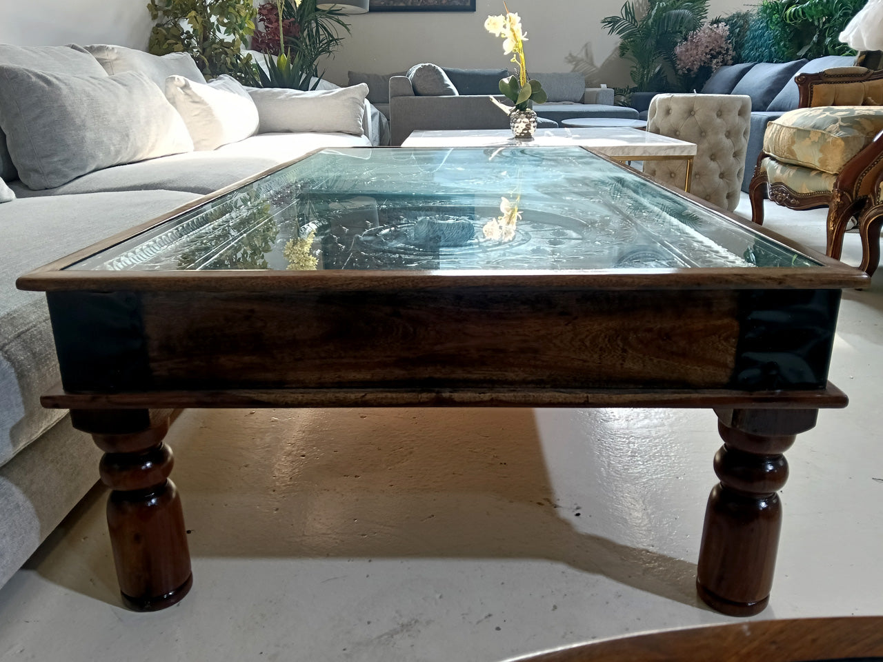 Solid Wood Coffee Table with Brass Accents