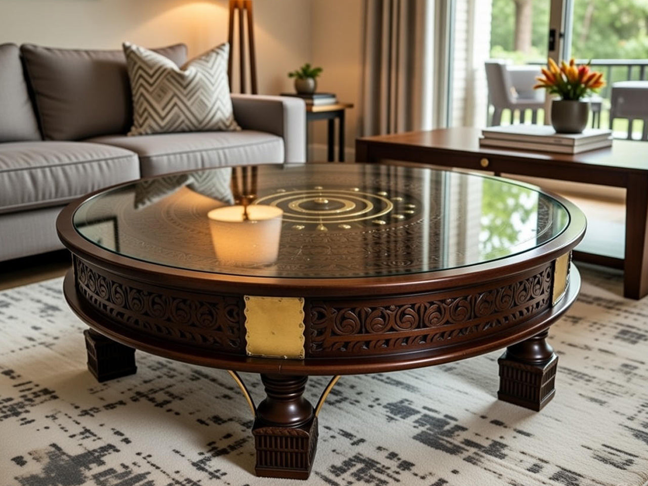 Solid Wood Coffee Table with Ornament
