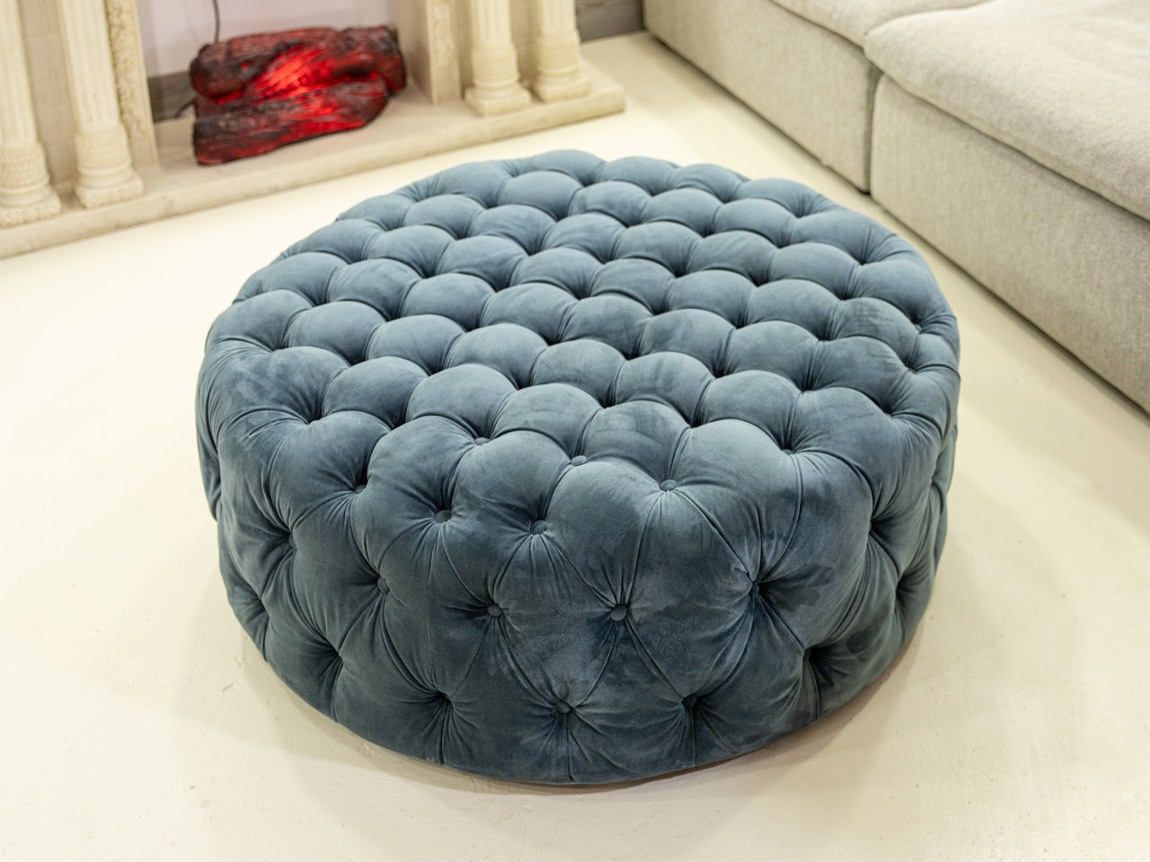 2XL Round Tufted Ottoman – Blue Velvet