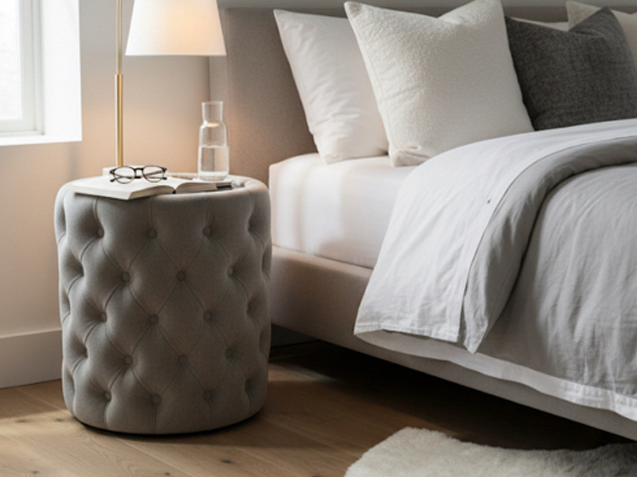 Tufted Grey Velvet Side Table – Mirror Top