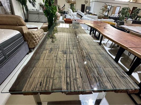 Reclaimed Railway Wood Dining Table with Glass Top