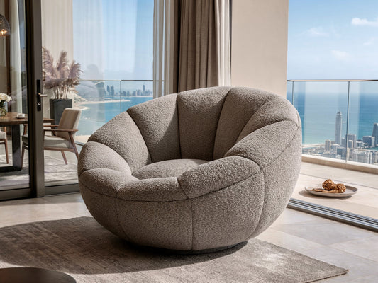 Barrel Swivel Accent Chair – Bouclé Upholstery
